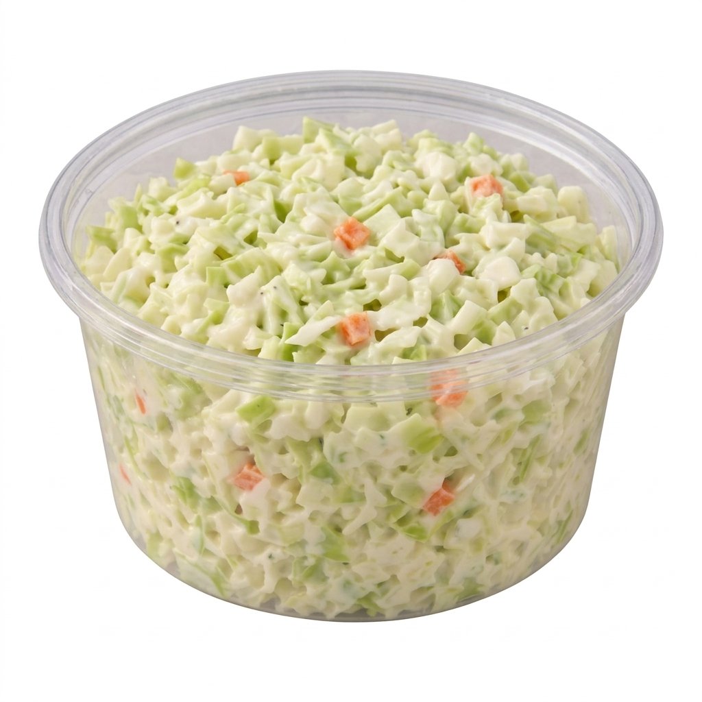 Creamy coleslaw in a clear takeout container